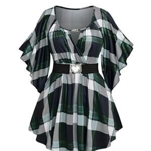 Plus Size 4XL Plaid Empire Waist Top Flutter Sleeve Heart Belt Green (US 26) New